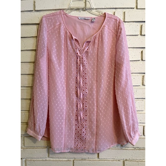 Isaac Mizrahi Live! Swiss Dot Woven Peasant Blouse -Lined- Pink- Size 16- NWOT - Picture 1 of 7